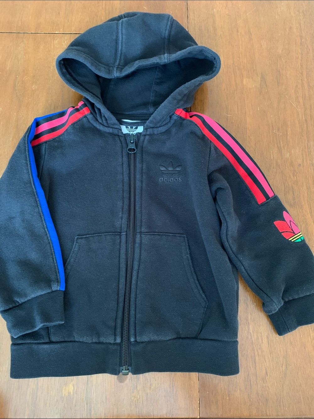 🫐3/$30 adidas Black Kids Zip Hoodie with Pink and Blue Stripe Details